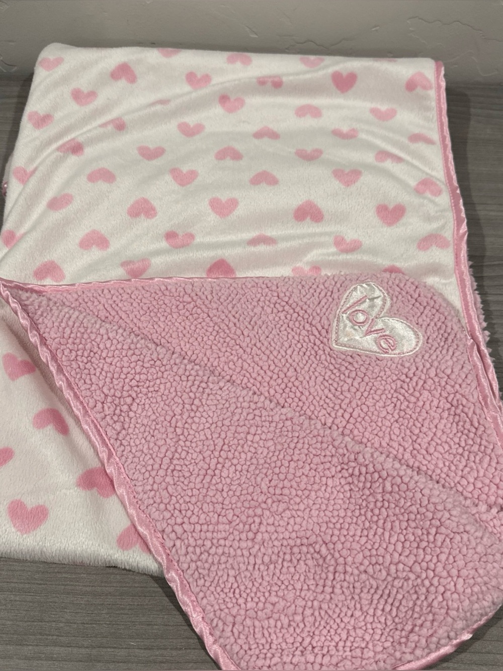 Carters Child of Mine Pink Satin TrimLOVE Heart Baby Blanket Sherpa Lovey 30x36"